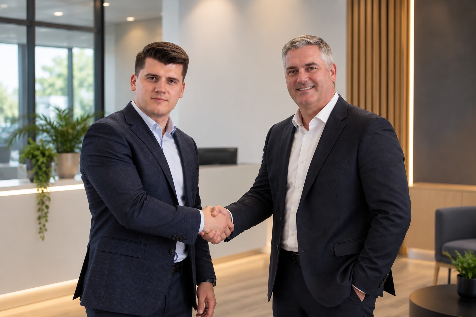 Two Streamline colleagues shaking hands in the office